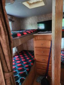 een kleine kamer met 2 stapelbedden en een dressoir bij Lakeshore Glamping Camping 239 in Portage