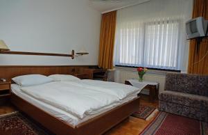 ein Schlafzimmer mit einem Bett, einem Sofa und einem Stuhl in der Unterkunft Hotel Alte Brücke in Bad Homburg vor der Höhe