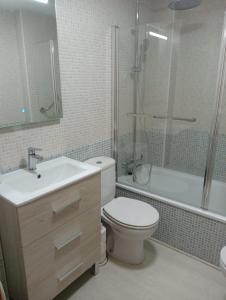 W łazience znajduje się toaleta, umywalka i prysznic. w obiekcie Apartamentos Playa de Moncofa w mieście Moncófar