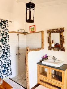 y baño con lavabo y espejo. en Habitation La Reine du Camp Chambres d'Hôtes en Saint-Claude