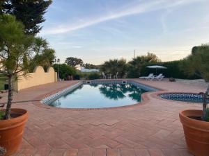 a swimming pool in a patio with trees and an umbrella at Monte da Azinheira in Ourique