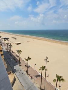 uma vista para uma praia com palmeiras e para o oceano em GATU PREMIUM Villa Turquesa Playa y Parking em Cádiz