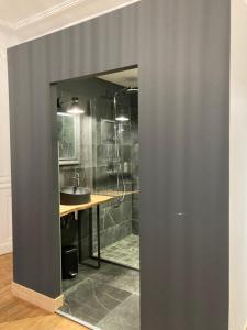 a bathroom with a shower and a sink at Maison La Tourelle in Baume-les-Dames