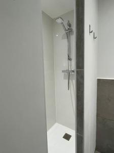 a shower in a bathroom with a glass door at Le Roland-Garros in Chalon-sur-Saône