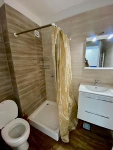uma casa de banho com um chuveiro, um WC e um lavatório. em Vik’s Apartament Sunrise Residence em Mangalia