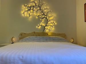 ein Schlafzimmer mit einem Baum mit Lichtern an der Wand in der Unterkunft Butterflies Rest in Gubbio