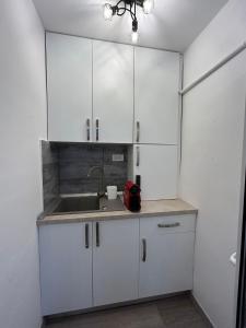 a kitchen with white cabinets and a sink at Easy Living Apartments - Old Town in Braşov