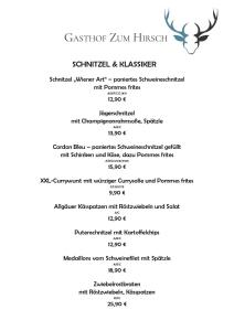 une page d'un menu pour un restaurant dans l'établissement Gasthof zum Hirsch, 