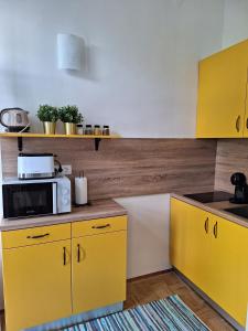 eine Küche mit gelben Schränken und einer Mikrowelle in der Unterkunft Apartment Drazica in Opatija