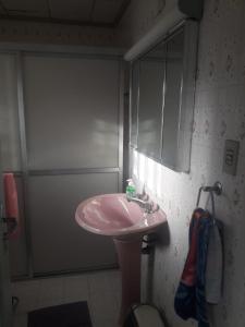 a bathroom with a pink sink and a mirror at Quartos em Casa próximo ao Parque Bacacheri in Curitiba