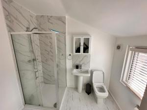 ein Badezimmer mit Dusche, Waschbecken und Toilette in der Unterkunft Cosy private double ensuite room with free parking RG302RL in Reading + 5 Fotos