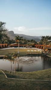 einem Teich mit einer Palme vor einem Resort in der Unterkunft Chalé Caiçara in Caraguatatuba