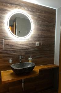 a bathroom with a stone sink and a mirror at Swiss Alps Lodge in Kandersteg