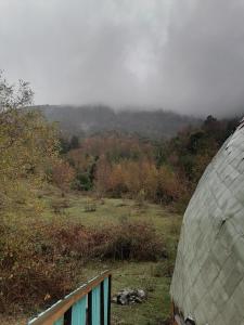 a view of a foggy hillside with a tent at Alquimia del Hualle in Melipeuco