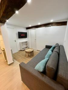 ein Wohnzimmer mit einem Sofa und einem TV in der Unterkunft El Martinillo en pleno centro histórico de Burgos ATUAIRE in Burgos