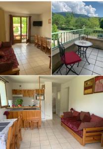 two pictures of a living room and a kitchen and a balcony at Hameau des Sources, Fontaine de la Justice in Montbrun-les-Bains