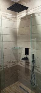 a glass shower with a computer in a room at Chalkidiki AsterGia apartments in Metangítsion