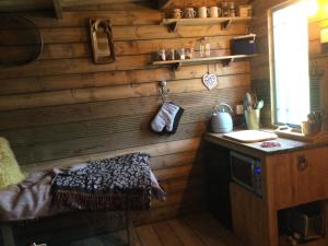 a kitchen with a wooden wall with a sink and a counter at Dolly’s shepherds hut in Trowbridge