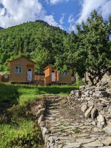 a stone path leading up to two cottages at SWEEPH in Mestia