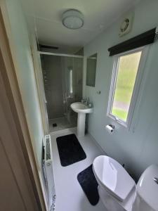 un baño con inodoro y lavabo en The Sunny Bunny Holiday Home, en Ballantrae 30 fotos más