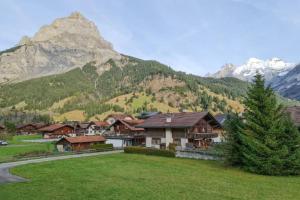 a group of houses in front of a mountain at Swiss Alps Lodge in Kandersteg