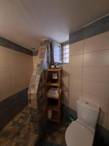 een badkamer met een toilet en een stenen muur bij Poudas House in Cherronisos