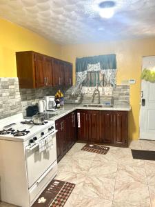 uma cozinha com um fogão branco e um lavatório em Murray's Cool Spot em Mandeville