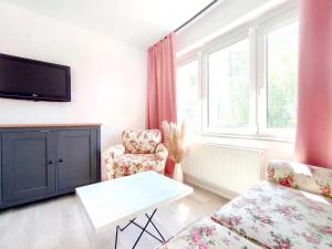a living room with a couch and two chairs and a tv at APARTAMENTY Charzykowy in Charzykowy
