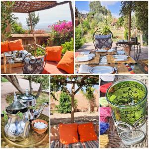 eine Collage mit Fotos mit einem Tisch und Stühlen sowie einem Garten in der Unterkunft Dar Boumida in Lalla Takerkoust