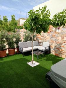 a garden with a couch and a tree on the grass at Harmony Luxury Villas Naxos in Naxos Chora