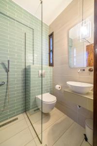 a bathroom with a toilet and a glass shower at Harmony Seaside Pelion in Platanias