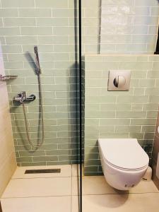 a bathroom with a toilet and a glass shower at Harmony Seaside Pelion in Platanias