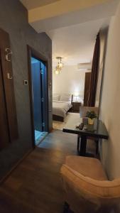 een woonkamer met een bank, een tafel en een bed bij IRIS Apartments in Bitola