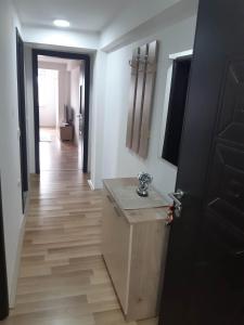 a hallway with a black door and a wooden floor at Apartments Josif in Gevgelija