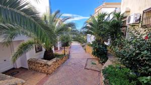 a courtyard with palm trees in a building at Casa Maia - cosy holidays in Benidorm in Cala de Finestrat
