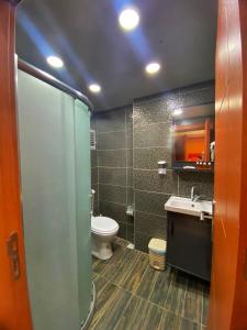 y baño con ducha, aseo y lavamanos. en Ulubat Castle Hotel en Estambul