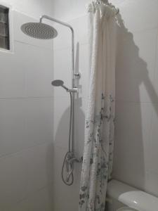 a shower with a shower curtain in a bathroom at Mirador de Estrellas in Tupungato