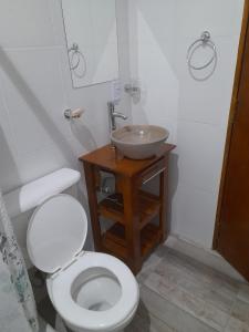 a bathroom with a white toilet and a sink at Mirador de Estrellas in Tupungato