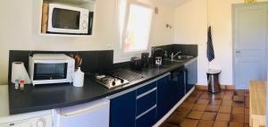 cocina con encimera negra y microondas en Le refuge des canards, en Saint-Aubin-le-Cloud