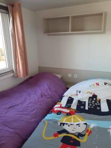 una camera con 2 cuscini viola su un letto di Mobil-home CLOS 18 à VIAS a Vias