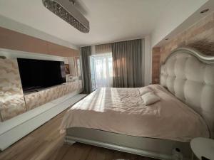 1 dormitorio con 1 cama grande y TV de pantalla plana en Apartament de Lux Splendid, en Iaşi
