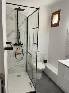 uma casa de banho com um chuveiro e um WC. em Appartement avec jardin privatif em Ajaccio