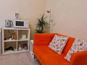a living room with a orange couch and a microwave at KELVIN HOUSE in Durham