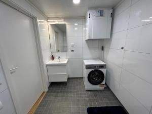 une petite salle de bains avec un lave-linge et un lavabo dans l'établissement Lofoten Studio Apartment, Vestermyrveien 11 Svolvær, à Svolvær