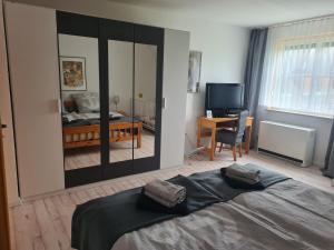 a bedroom with a large mirror and a bed at Haus Westküste in Westerdeichstrich