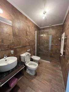 a bathroom with a toilet and a sink and a shower at Tandil del Lago in Tandil