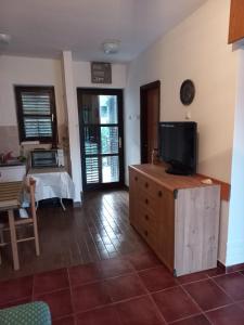 a living room with a television on a wooden cabinet at Apartments IRINA in Donji Stoliv