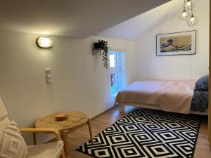 1 dormitorio con 1 cama, 1 silla y 1 mesa en Casa Enana, en Waldfeucht