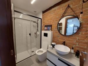 La salle de bains est pourvue d'un lavabo, de toilettes et d'un miroir. dans l'établissement La Buschera, à Bra