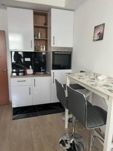 a kitchen with white cabinets and a cat sitting under a desk at Bulevar Star Apartment in Belgrade